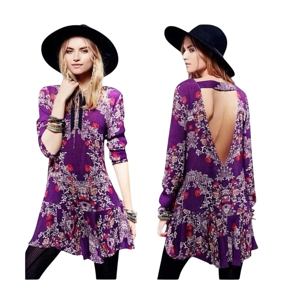 Free People XS Floral Damask Print Open Back Mini Dress Long Sleeve Faerie Boho